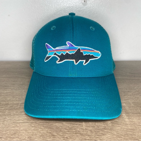 Patagonia Other - Patagonia Fitz Roy Trout Logo Trucker Hat Mens Snapback Mesh Cap Teal Adjustable